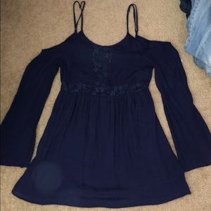 blue, long sleeve, cold shoulder dress